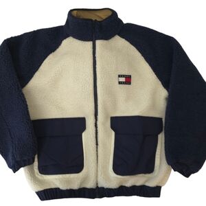 Tommy Hilfiger WOMENS Sherpa Jacket LARGE Blue/White W/Pockets Full Zip